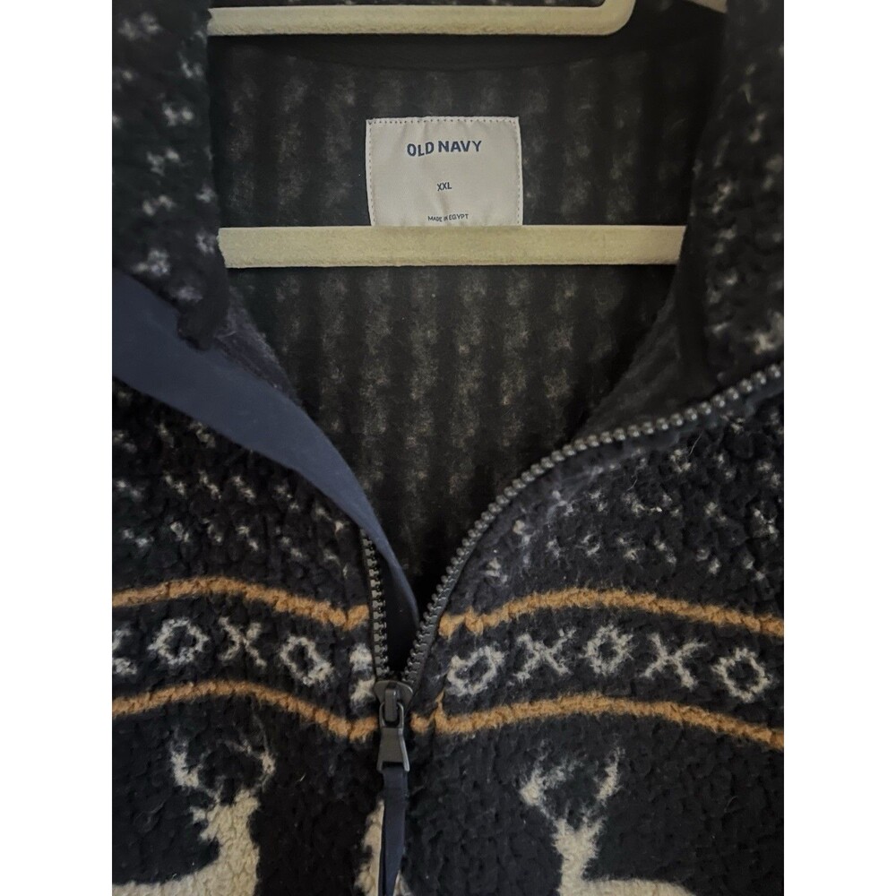 Old Navy Men’s Oversized Sherpa Fleece Fair Isle 1/4 Zip Sweater Navy Blue XXL - Picture 2 of 4